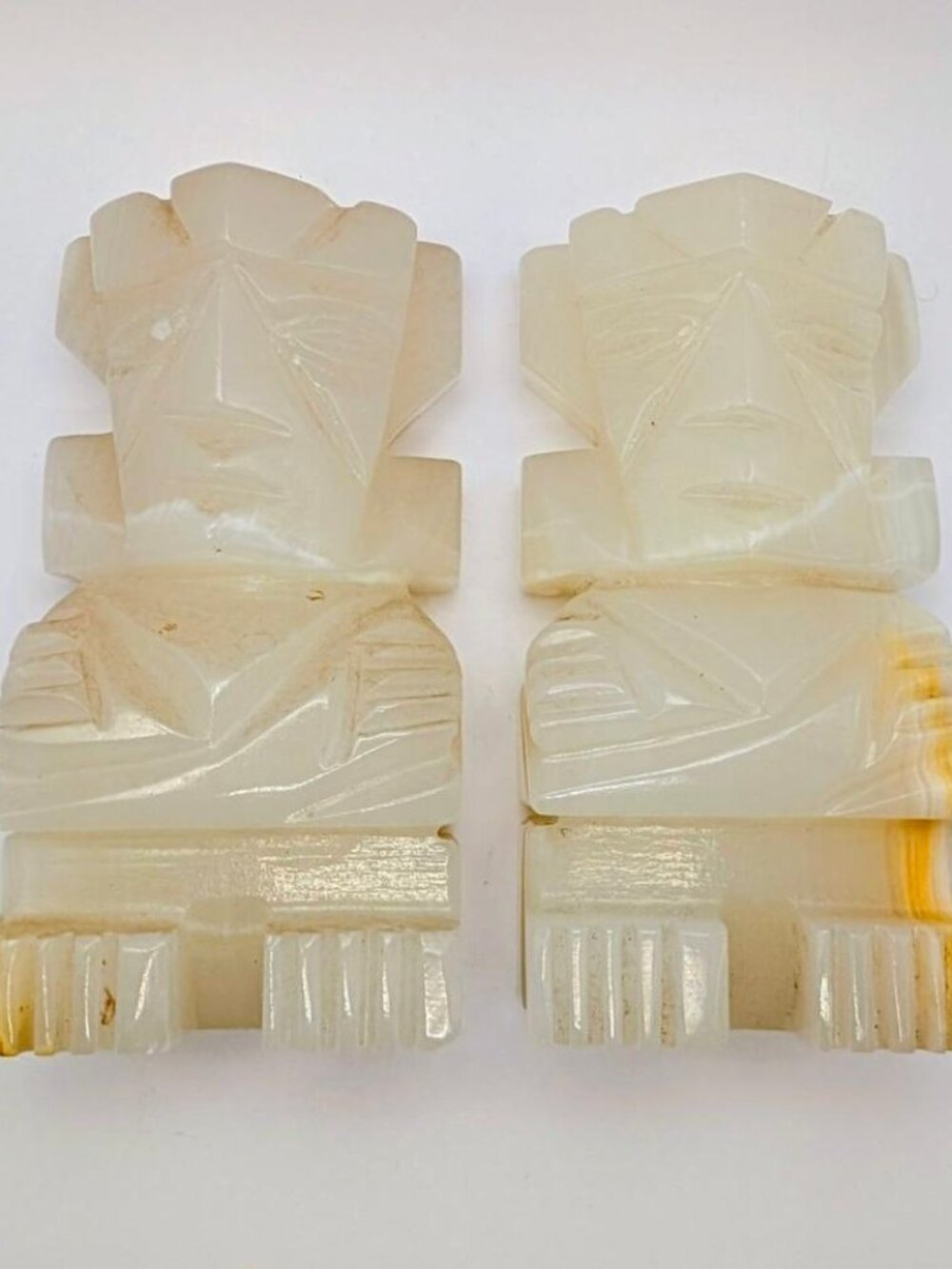 PAIR Carved Onyx 6" Tiki Bookends; Exc. Pre-owned Condition; HEAVY! Mayan Aztec